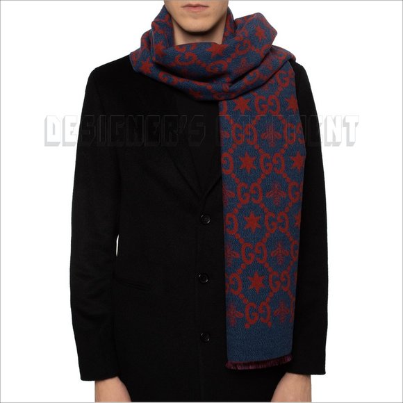 GUCCI red & blue CONSTELLATION Bee GG Stars wool/silk reversible long scarf NWT - Picture 12 of 12